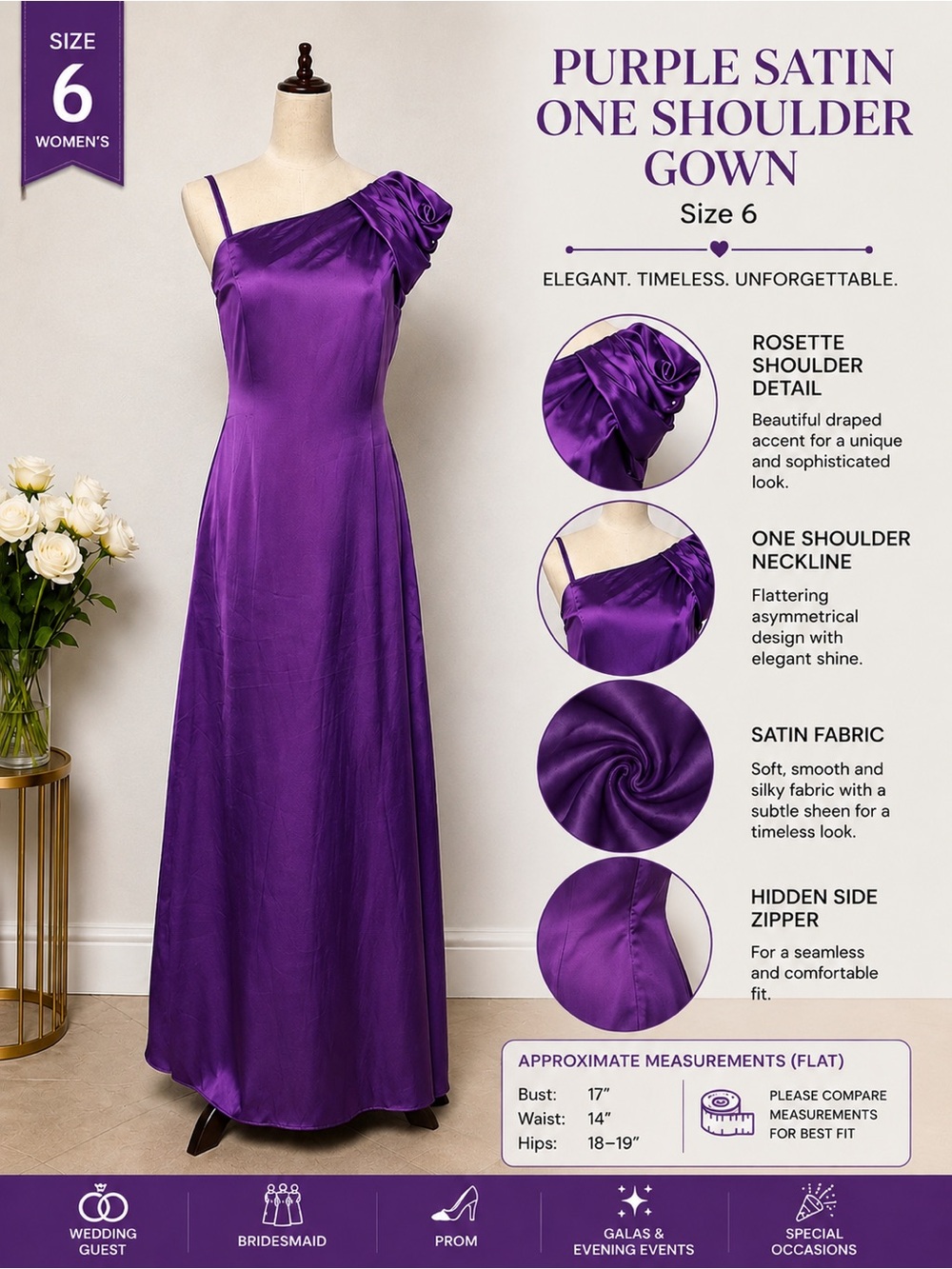 Purple Satin One-Shoulder Formal Gown|Size:6|Bridesmaid Prom Wedding Guest Dress